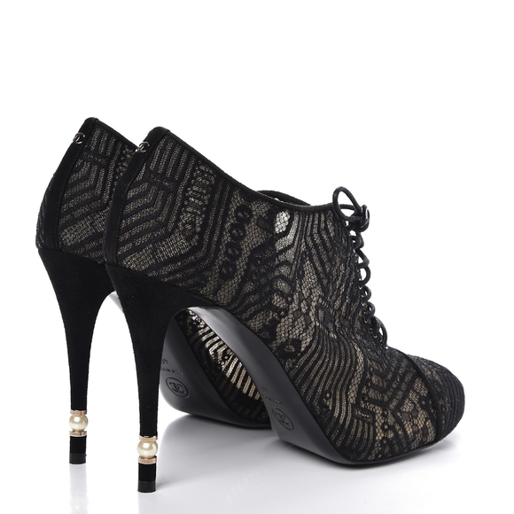 CHANEL Black Lace Up Mesh Pearl Heels Booties 39.5 - Picture 10 of 13